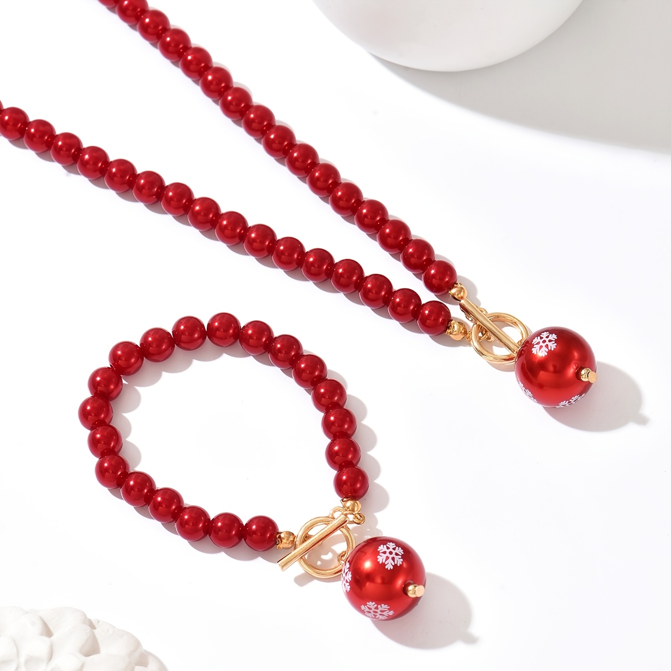 Christmas Atmosphere Wine-Red Snowflake Bead Bracelet Set, Festive Gift